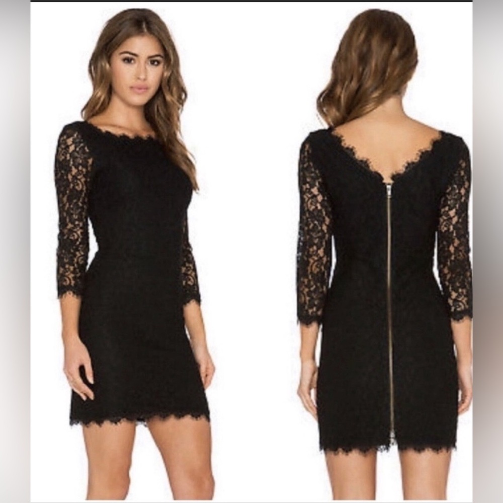 Diane Von Furstenberg Black Lace Hourglass Dress‎ 3/4 sleeves DVF runway size 2